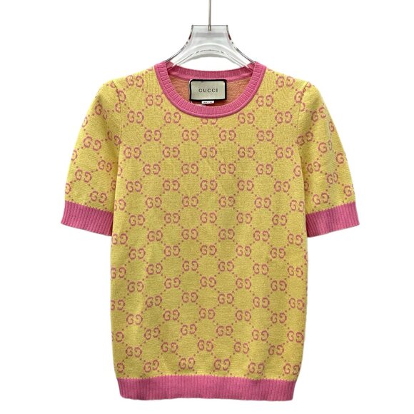 GW0586 Gucci color-blocking logo jacquard full print cotton round neck short-sle